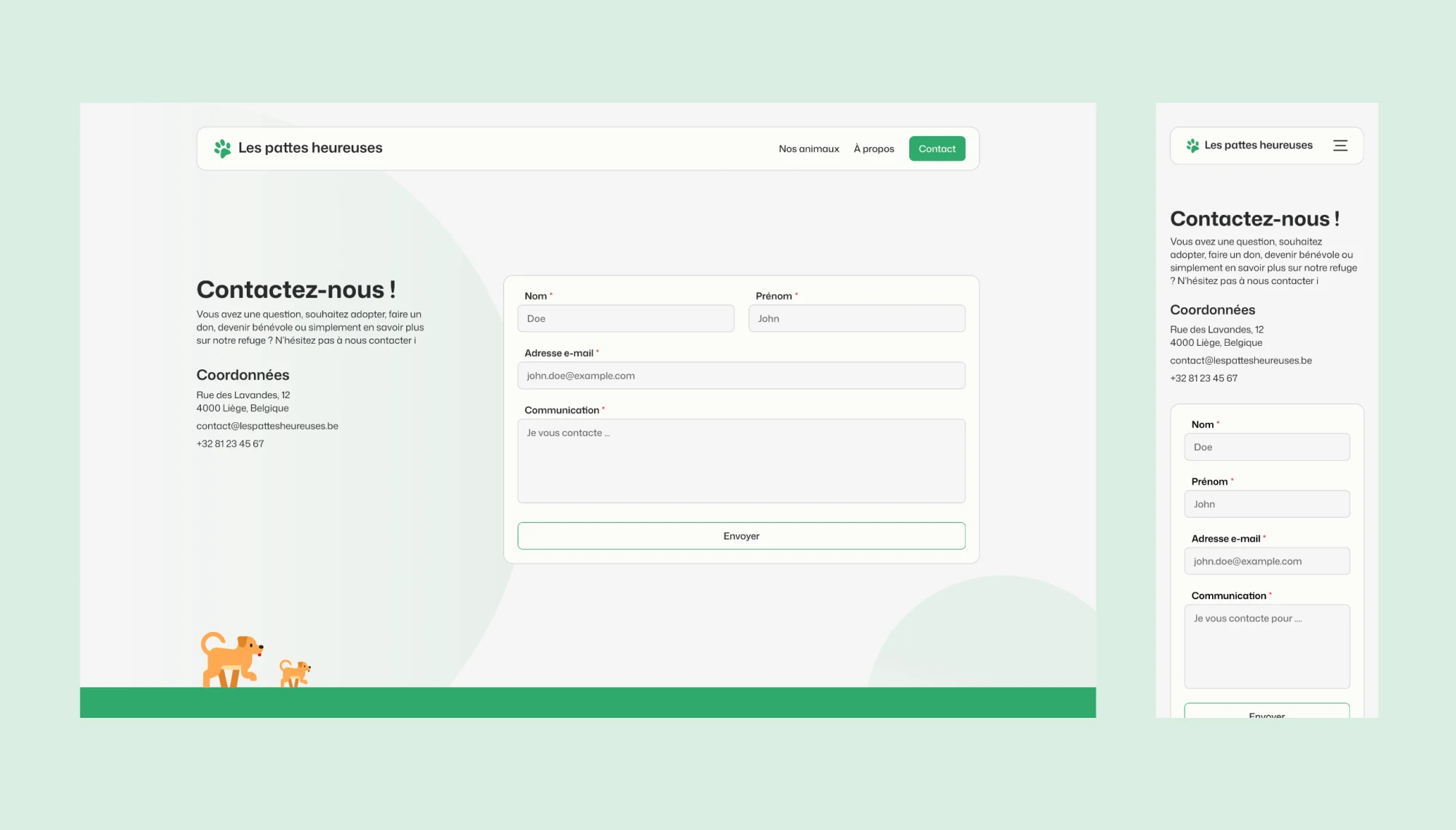 Page de contact sur le site vitrine en version mobile et ordinateur