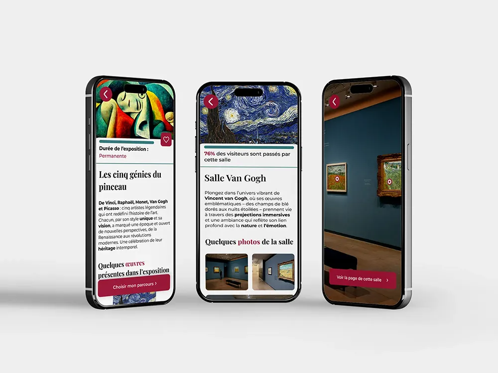 3 phones simulating the application during a guided tour