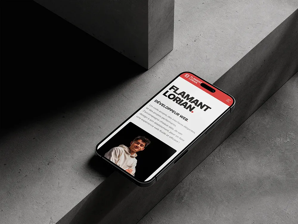 Simulation of my portfolio site on a black Iphone