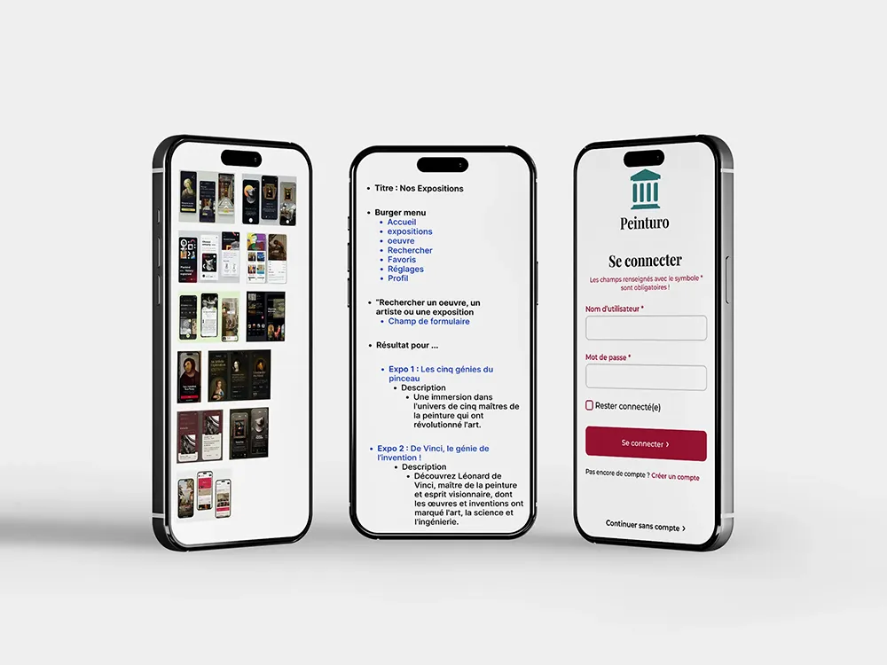 3 phones showing my 3 stages from moodboard to design
