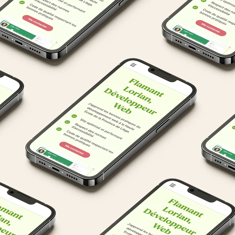 Simulation of the home page of a CV website on a light grey iPhone 13