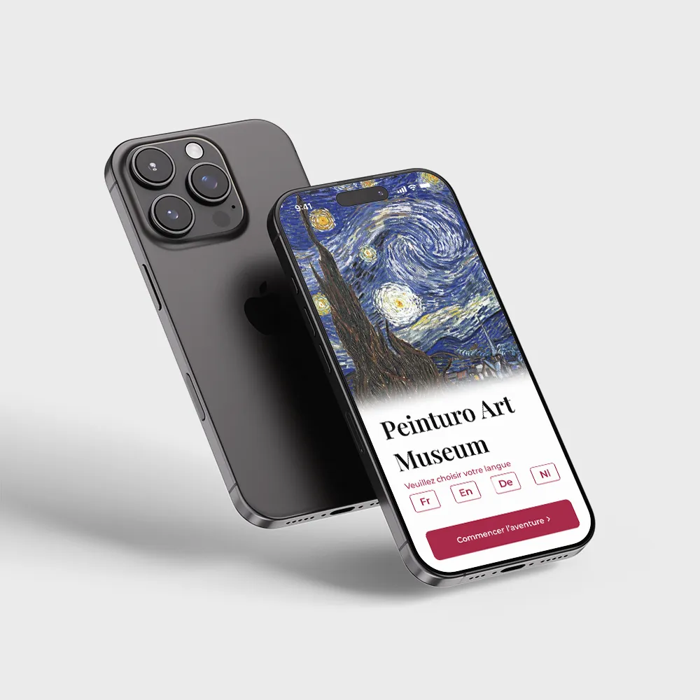 Simulation of an interactive application for a museum on a dark grey iPhone 16