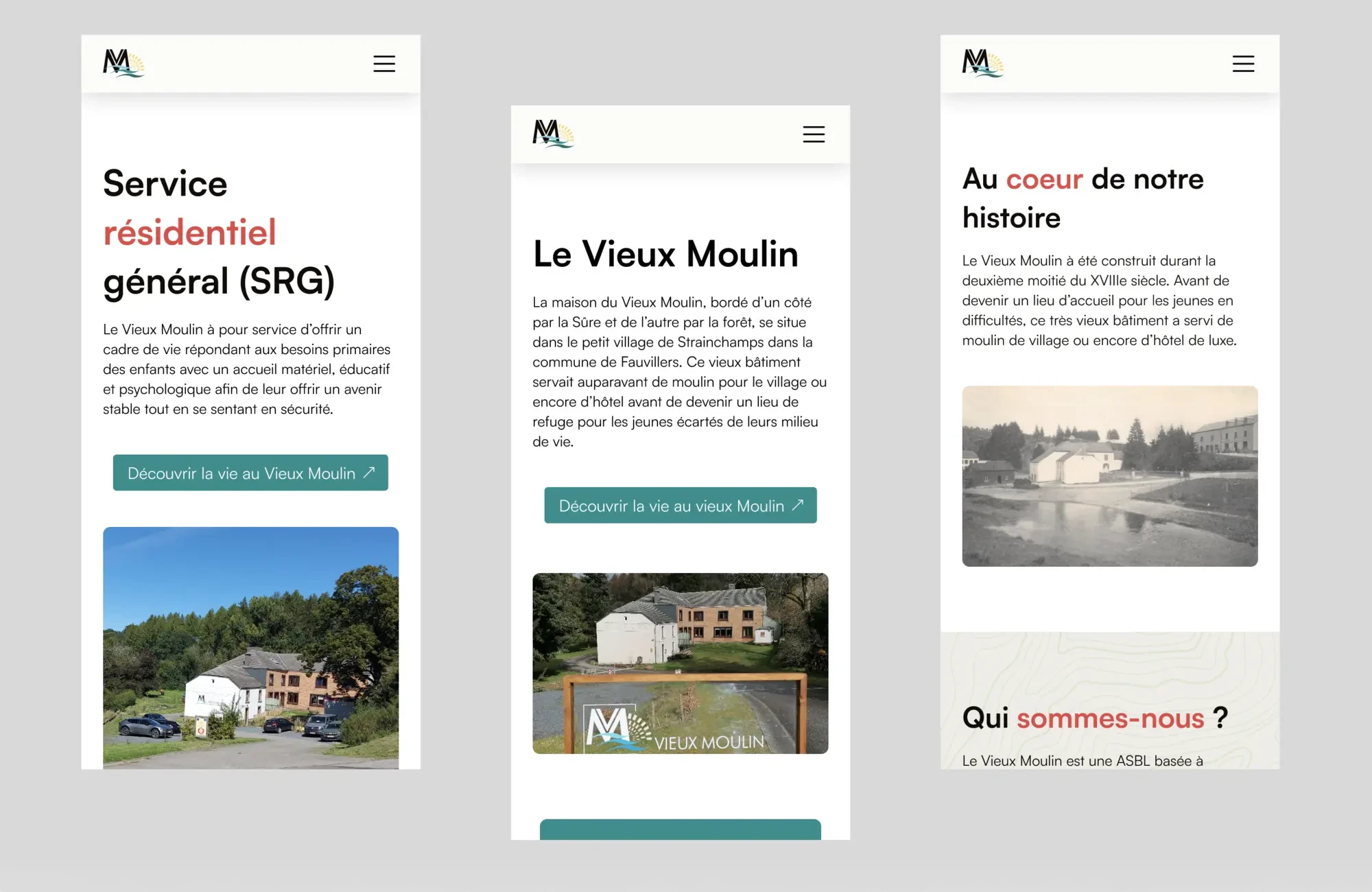Différents écrans du site du Vieux Moulin de Strainchamps en version mobile