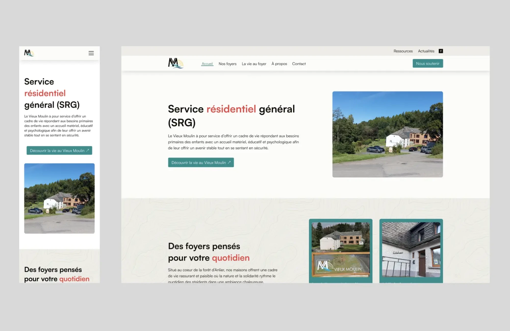 Comparaison du site du Vieux Moulin de Strainchamps en version mobile et ordinateur