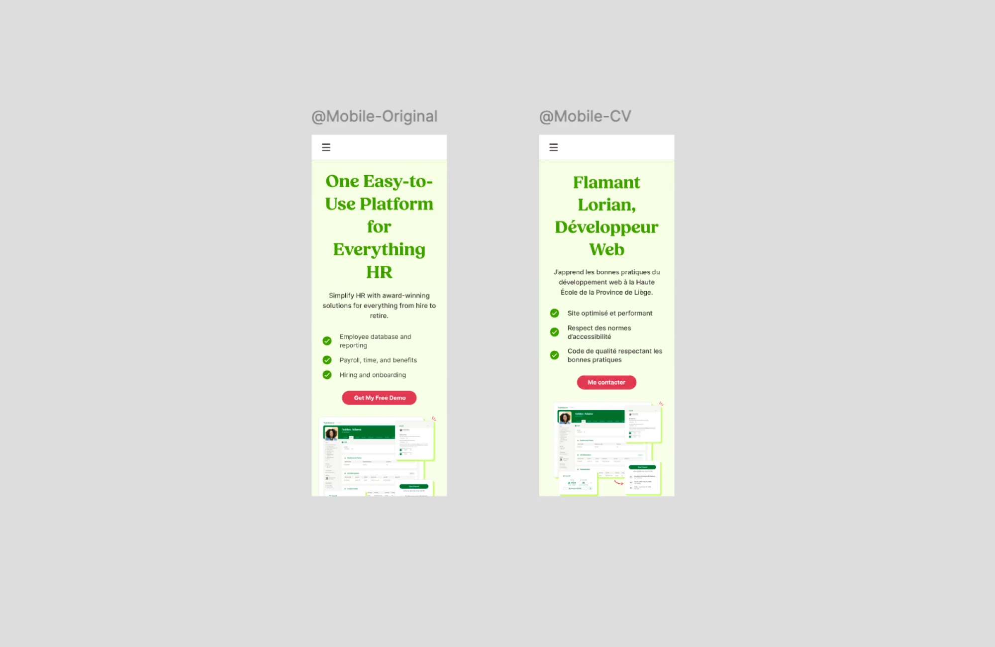 Comparaison de la page d’accueil su site original et celui avec mes informations